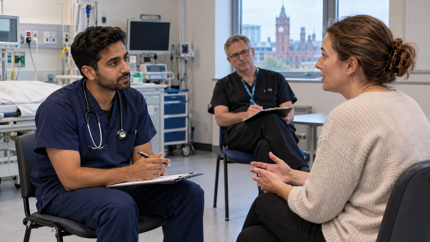 Doctor practising an FRCEM OSCE station while a senior Emergency Medicine consultant observes, at the FRCEM OSCE course in Manchester